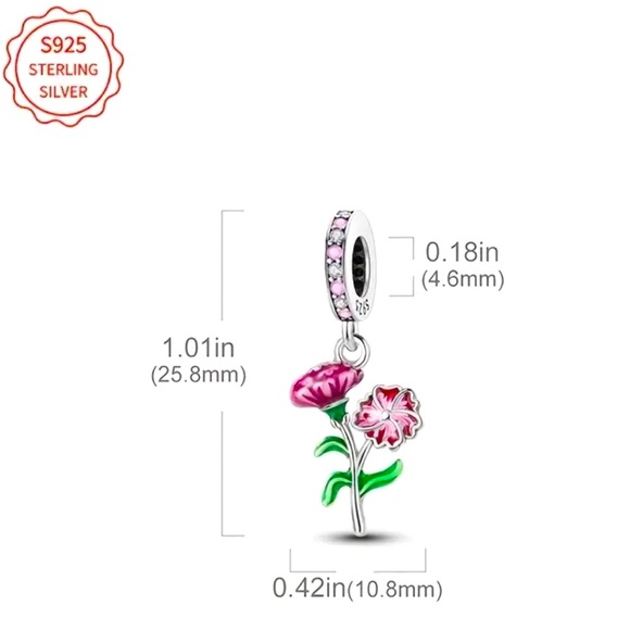 925 Sterling Silver Floral Charm Pendant with Pink and Green Accents - NWT - Picture 4 of 5